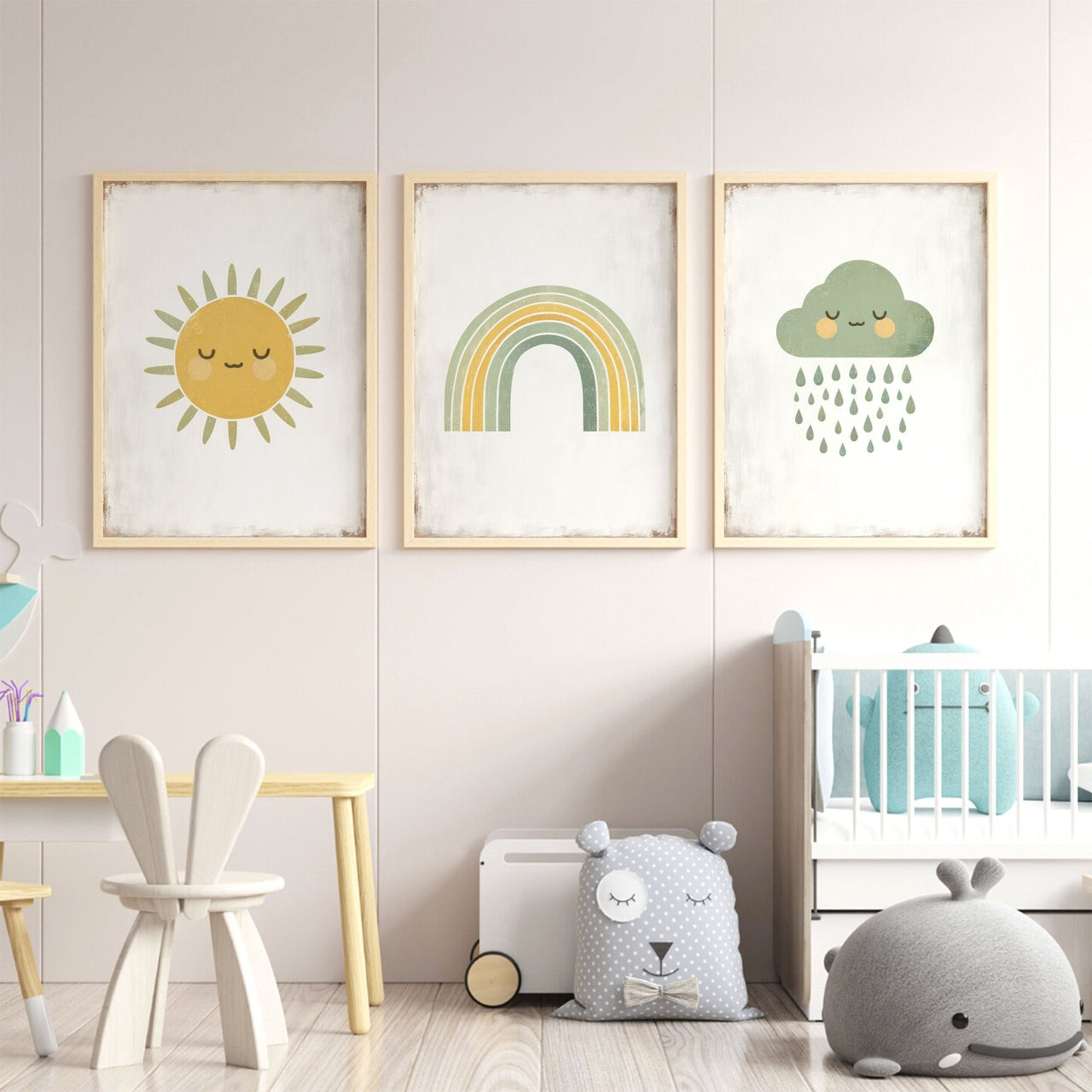 Sun Rainbow Cloud Print – Sky Nursery Wall Decor for Kids • Set of 3
