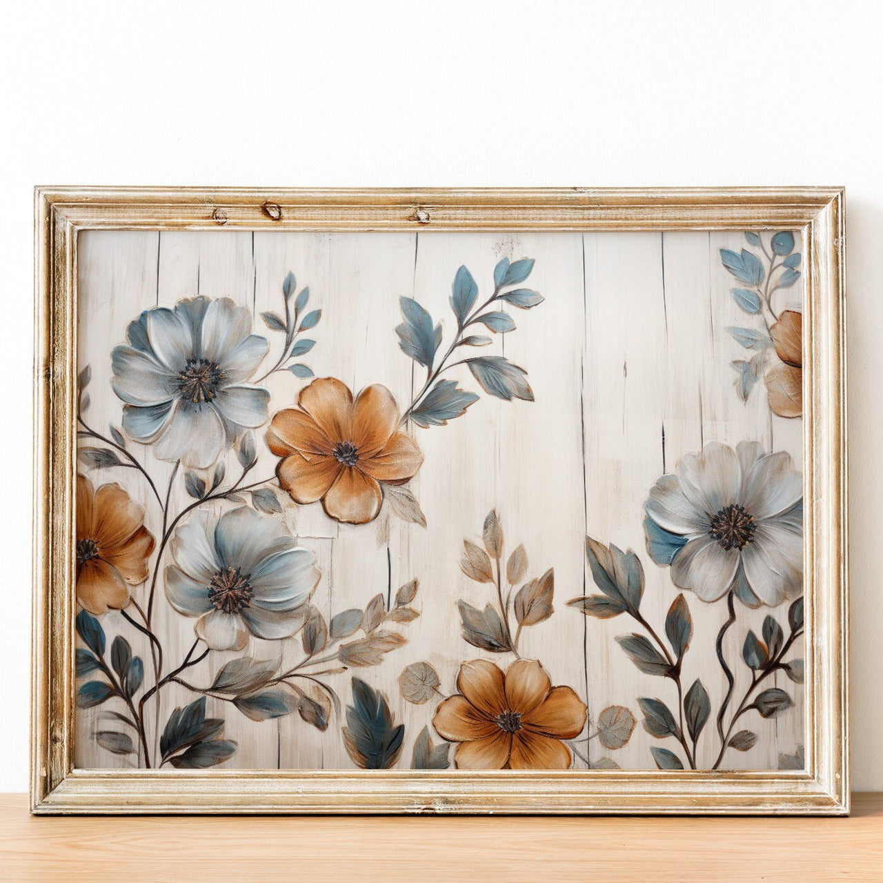 Blue and Orange Floral Wall Art – Nature Living Room Decor