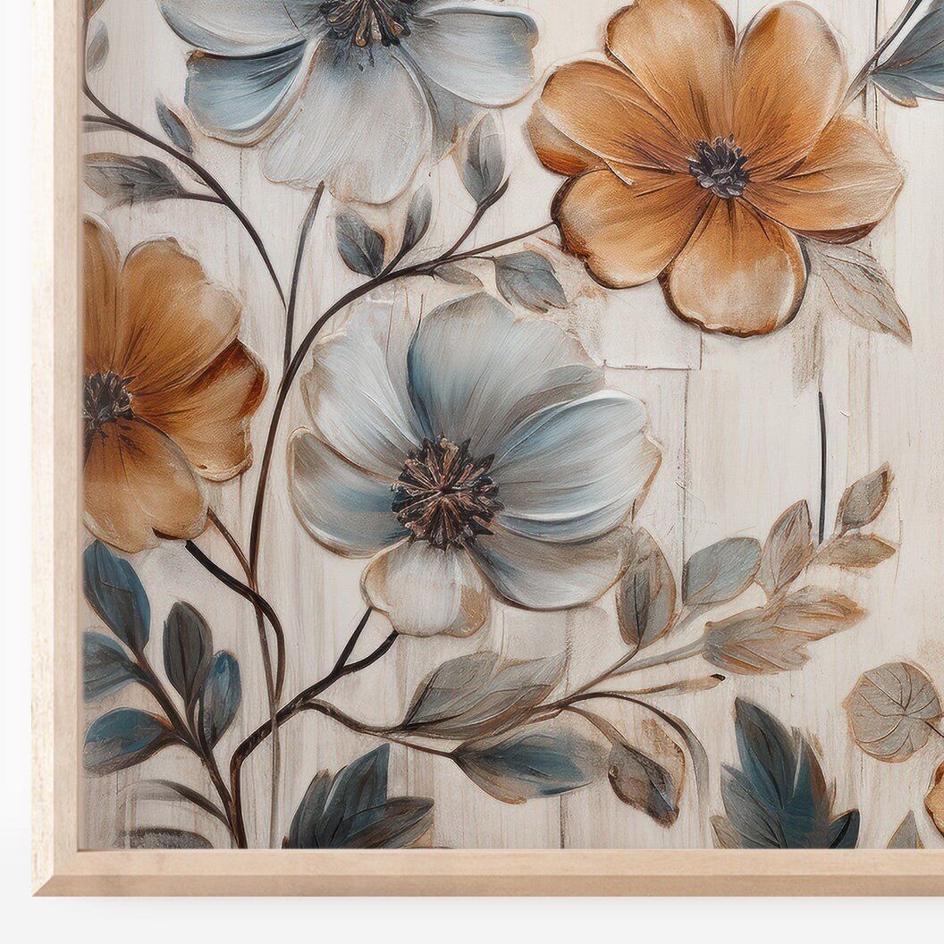 Blue and Orange Floral Wall Art – Nature Living Room Decor