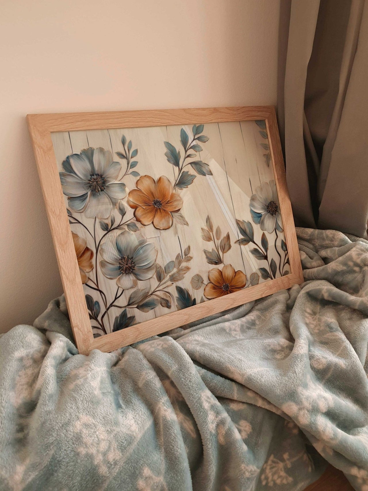 Blue and Orange Floral Wall Art – Nature Living Room Decor