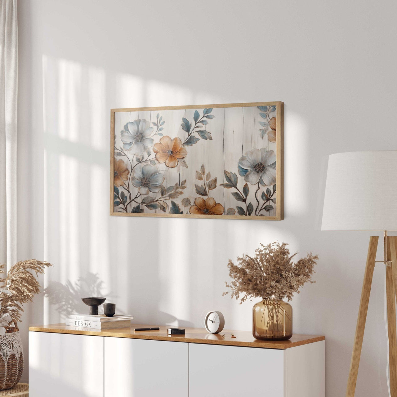 Blue and Orange Floral Wall Art – Nature Living Room Decor