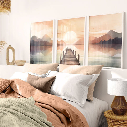 Sunset Lake Painting, Watercolor Landscape Decor, Mountains & Pier Art - WildfieldPrints