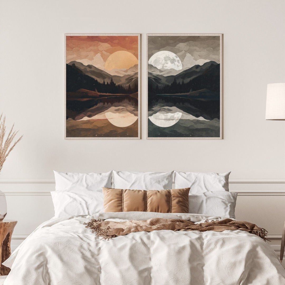 Sun & Moon Print – Celestial Living Room Wall Decor • Set of 2