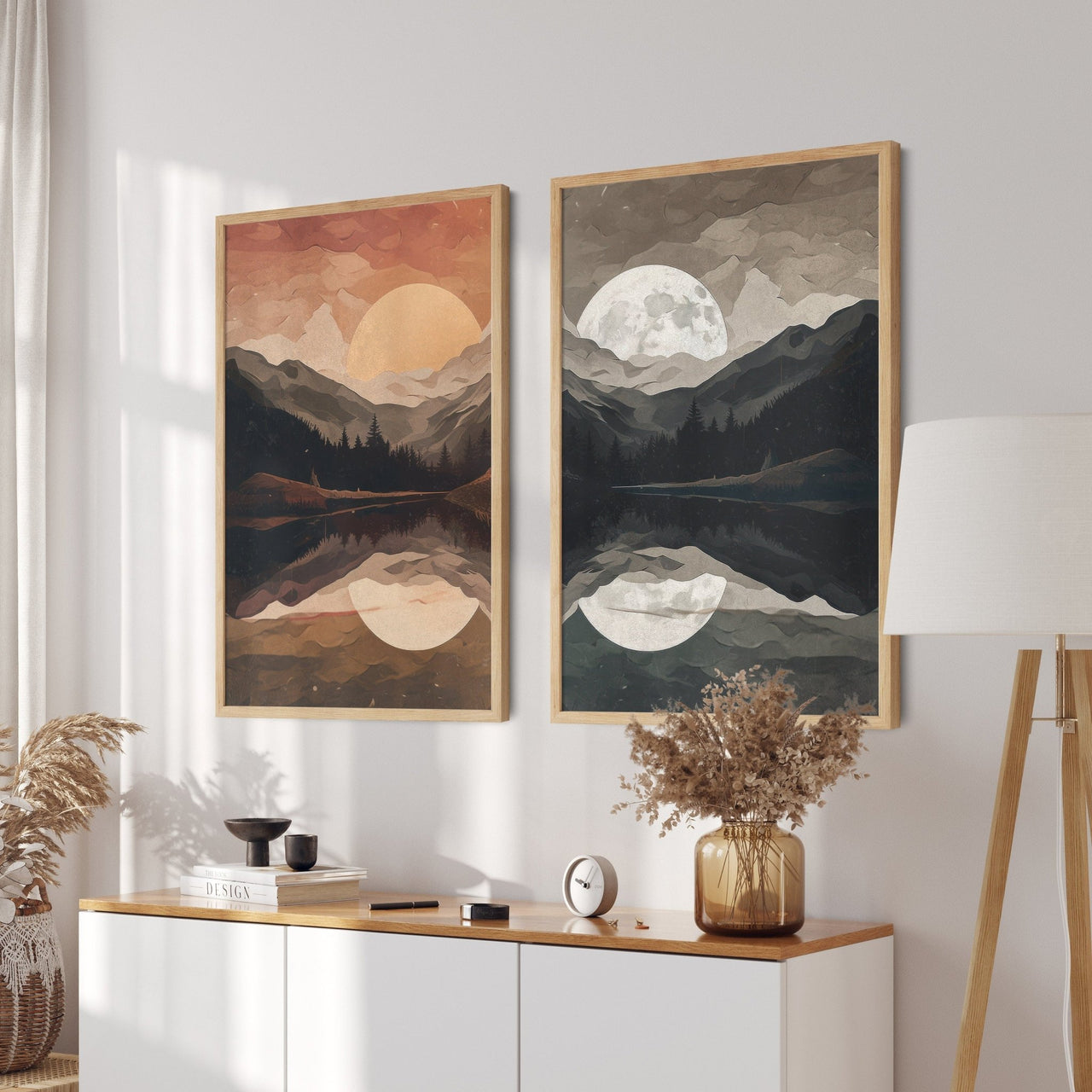 Sun & Moon Print – Celestial Living Room Wall Decor • Set of 2