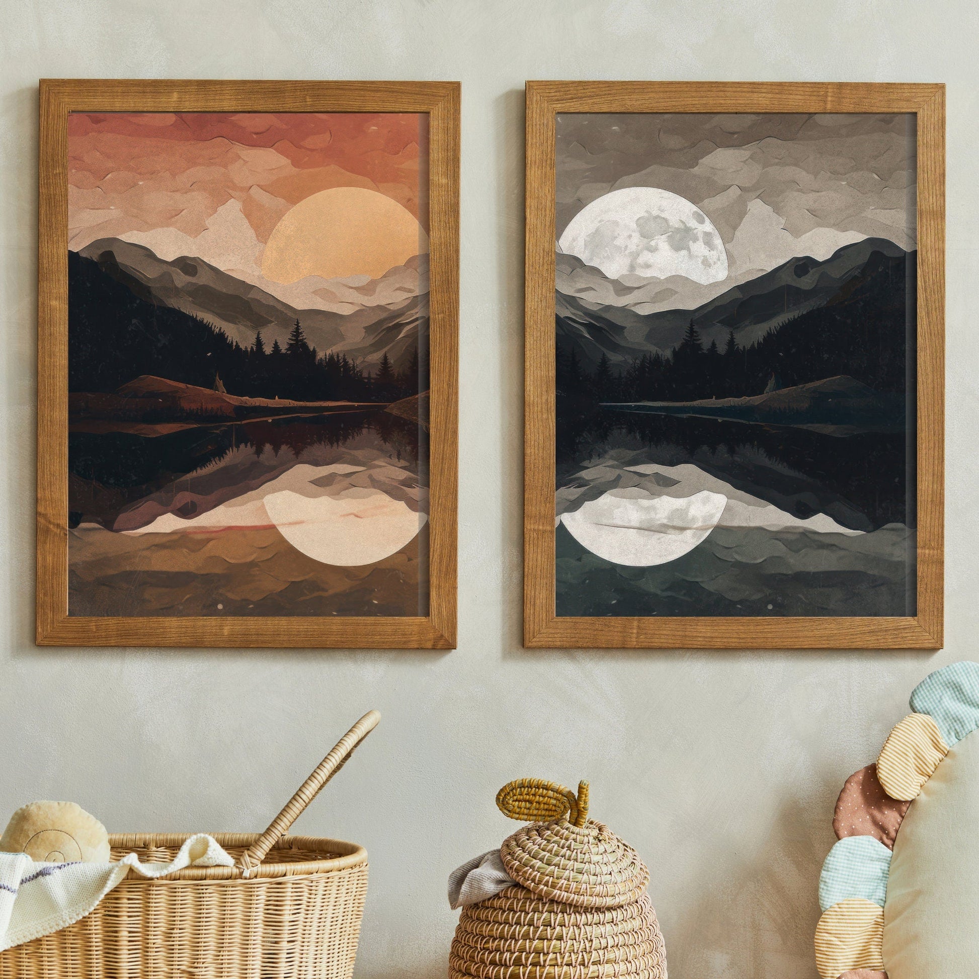 Sunset Wall Art, Night and Day Decor, Sun & Moon Prints - WildfieldPrints