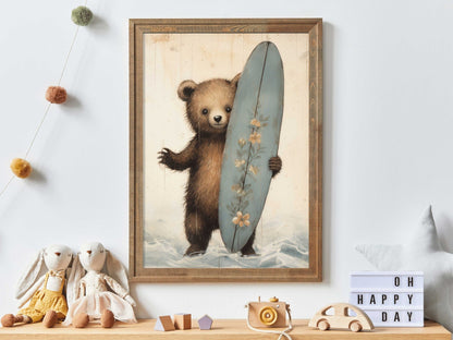 Surfer Bear Nursery Print, Surfing Kids Room Decor, Cute Animal Wall Art - WildfieldPrints