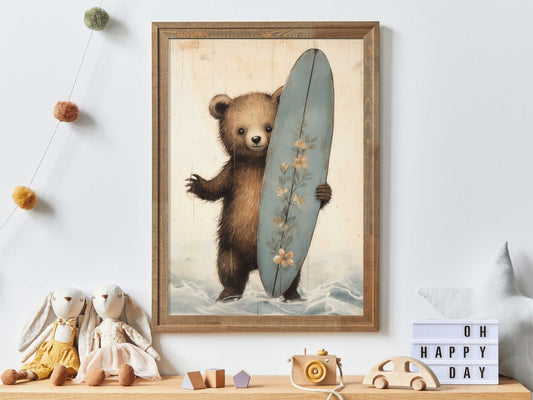 Surfer Bear Nursery Print, Surfing Kids Room Decor, Cute Animal Wall Art - WildfieldPrints