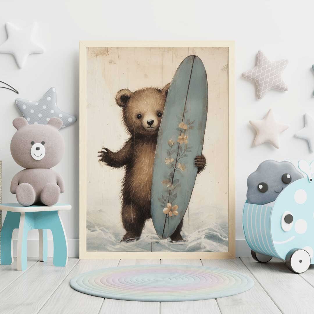 Surfer Bear Nursery Print, Surfing Kids Room Decor, Cute Animal Wall Art - WildfieldPrints