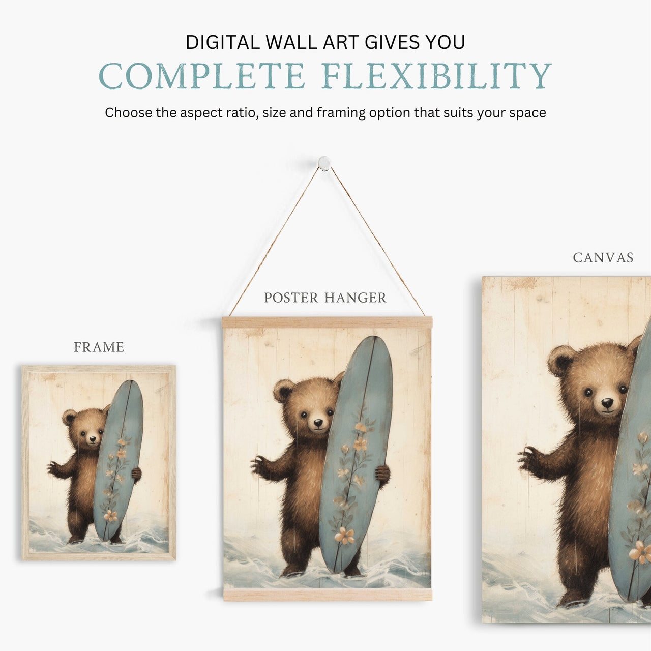 Surfer Bear Wall Art – Animal Kids Room Print