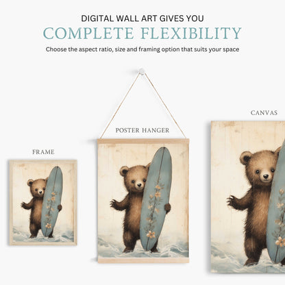 Surfer Bear Nursery Print, Surfing Kids Room Decor, Cute Animal Wall Art - WildfieldPrints