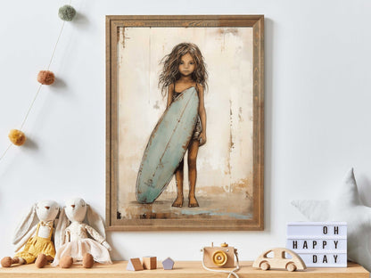 Surfer Girl Print, Vintage Nursery Decor, Beach Themed Wall Art - WildfieldPrints