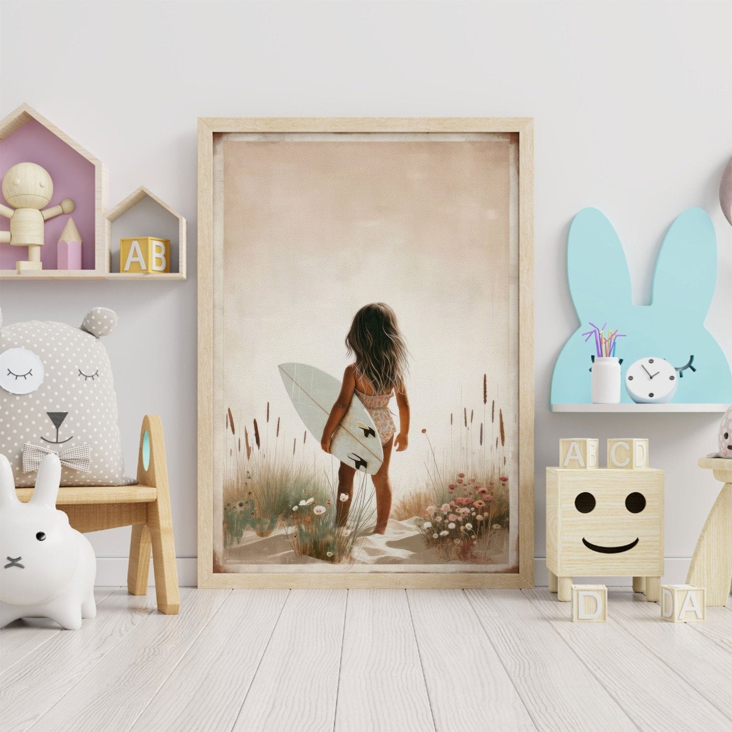 Surfer Girl Wall Art, Beach Nursery Decor, Cute Surfing Prints - WildfieldPrints