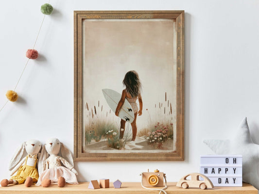 Surfer Girl Wall Art, Beach Nursery Decor, Cute Surfing Prints - WildfieldPrints
