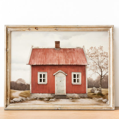 Swedish Cottage Print, Rustic Country House Art, Farmhouse Home Decor - WildfieldPrints