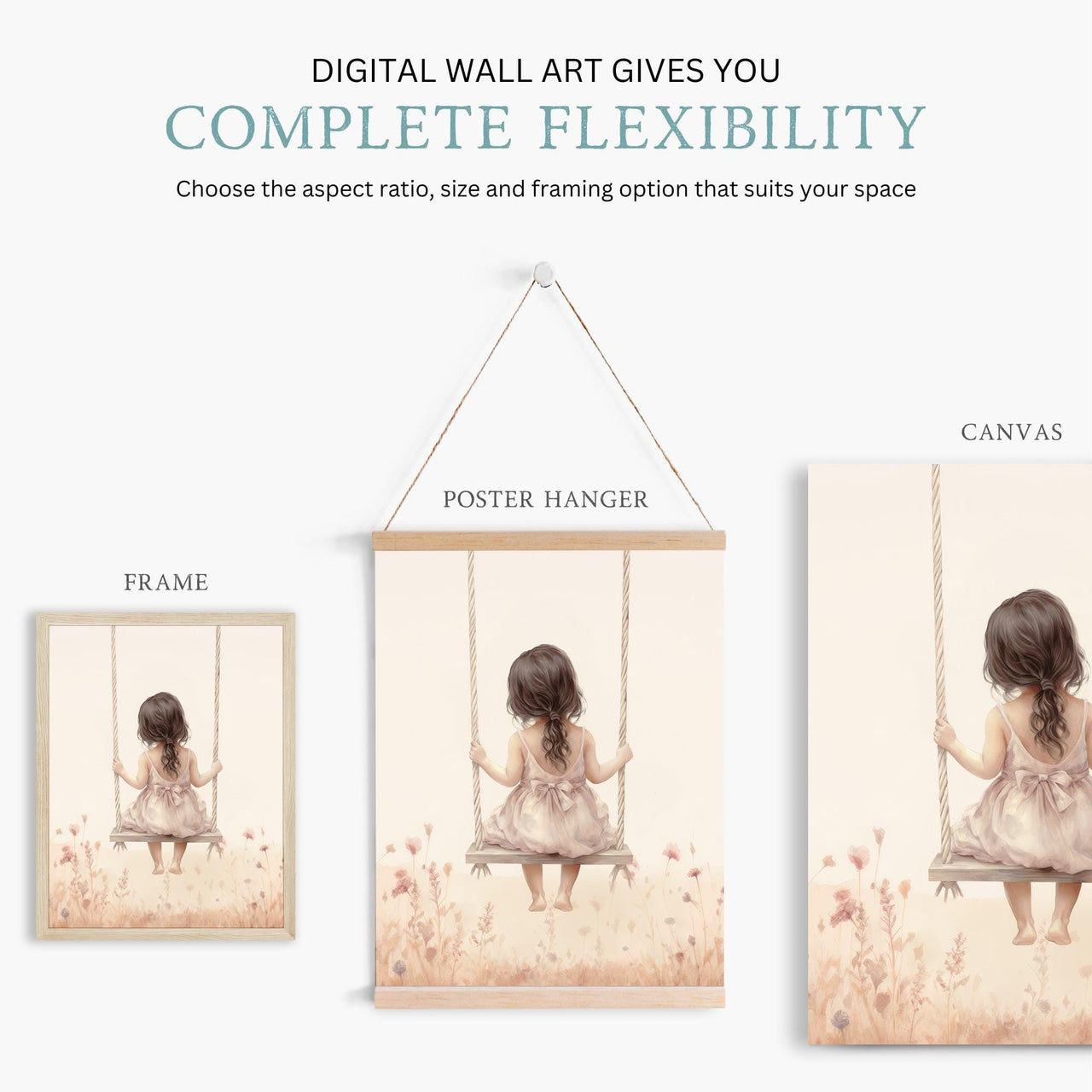 Charming Girl on Swing Wall Art – Floral Nursery Print • Set of 3