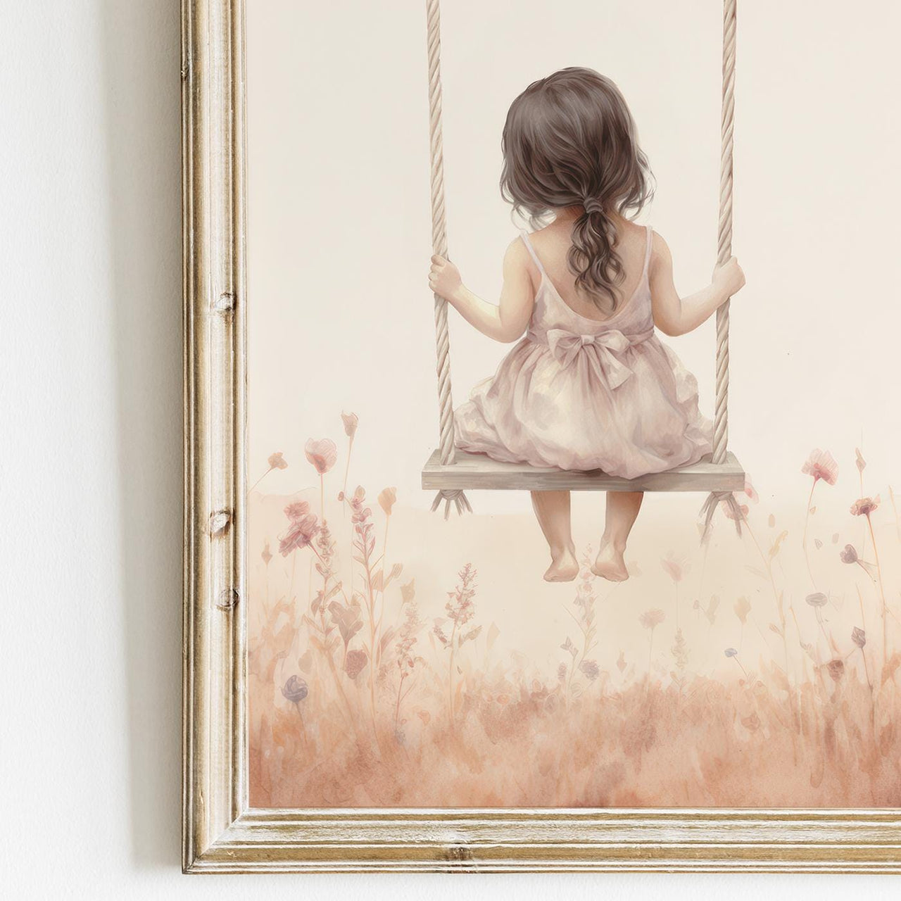 Charming Girl on Swing Wall Art – Floral Nursery Print • Set of 3