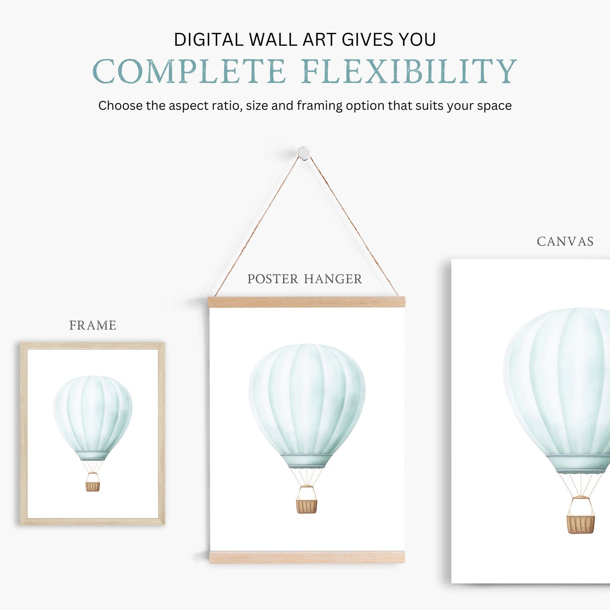 Teal Hot Air Balloon Nursery Decor, Vintage Wall Art, Pastel Print - WildfieldPrints