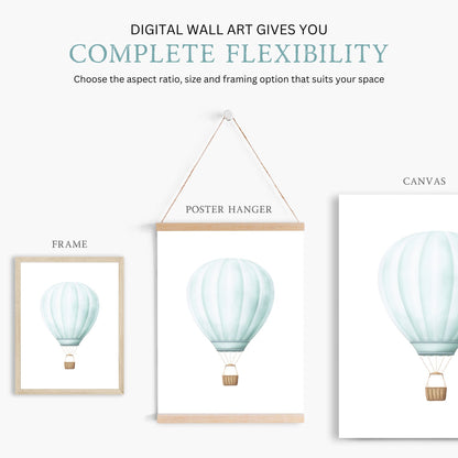 Teal Hot Air Balloon Nursery Decor, Vintage Wall Art, Pastel Print - WildfieldPrints