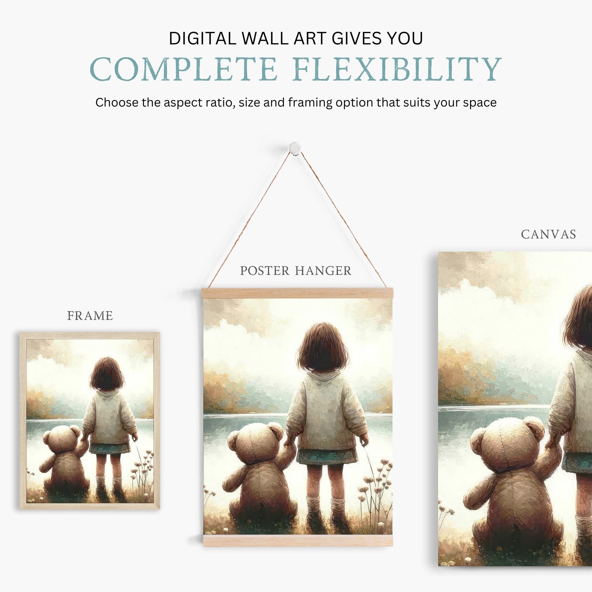 Teddy Bear Lakeside Moment Art, Vintage Triptych, Soft Nursery Decor - WildfieldPrints