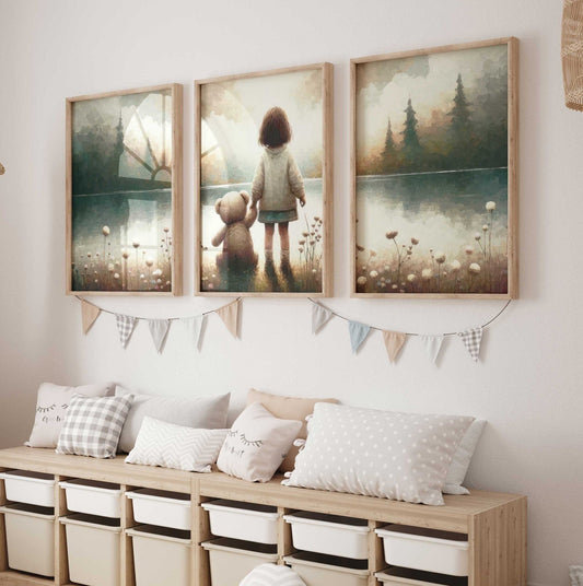 Teddy Bear Lakeside Moment Art, Vintage Triptych, Soft Nursery Decor - WildfieldPrints