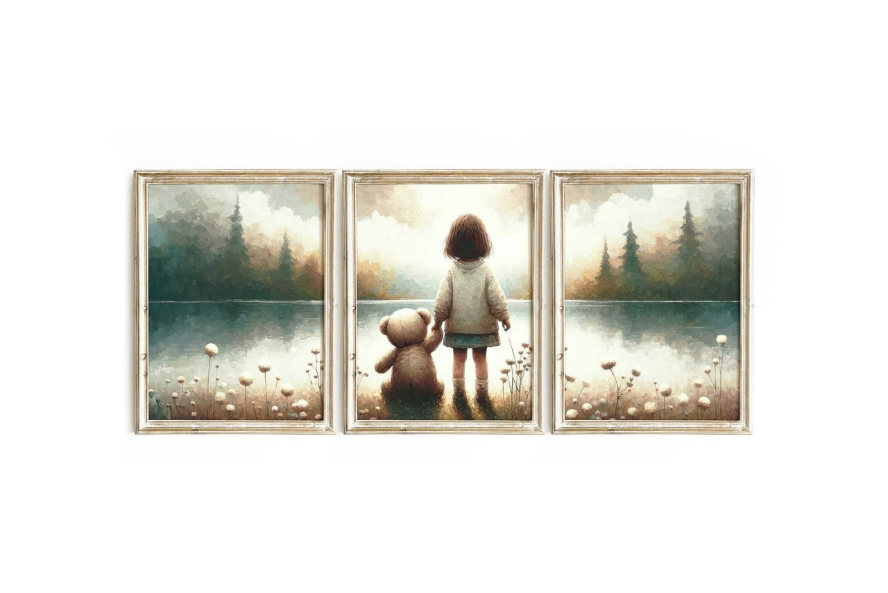 Teddy Bear Wall Art – Vintage Nursery Print for Girls • Set of 3