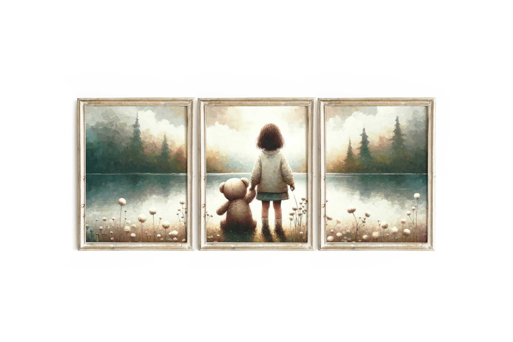 Teddy Bear Lakeside Moment Art, Vintage Triptych, Soft Nursery Decor - WildfieldPrints