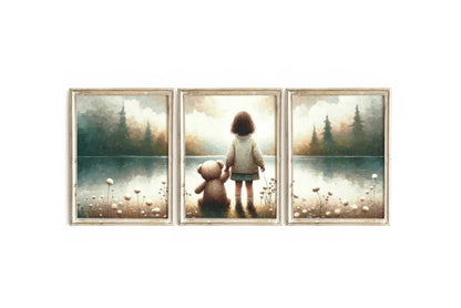 Teddy Bear Lakeside Moment Art, Vintage Triptych, Soft Nursery Decor - WildfieldPrints
