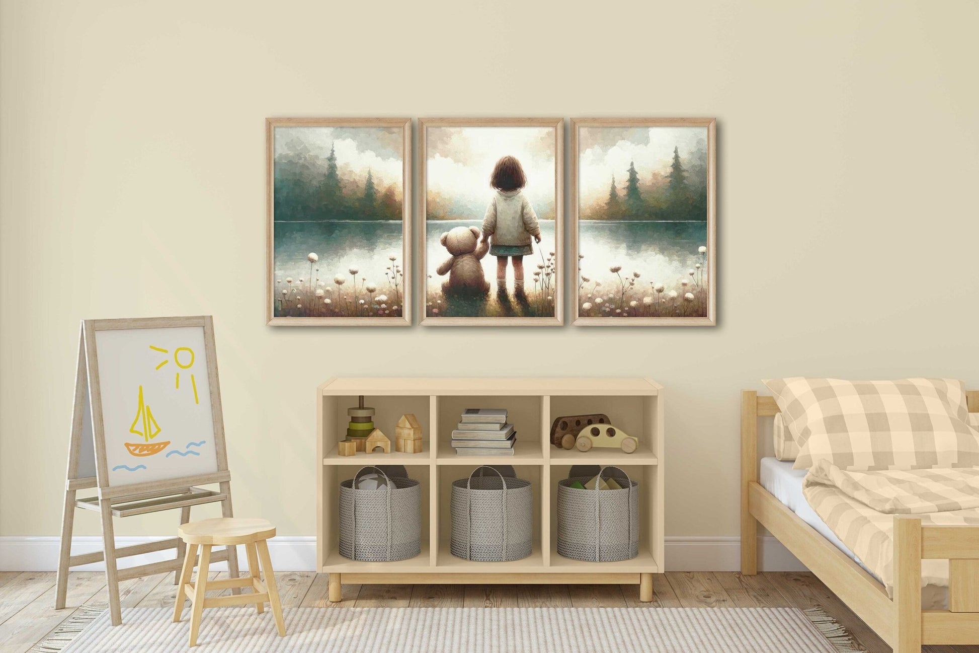 Teddy Bear Lakeside Moment Art, Vintage Triptych, Soft Nursery Decor - WildfieldPrints