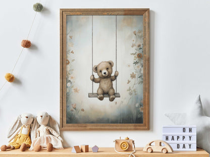 Teddy Bear Nursery Decor, Cute Vintage Baby Room Art, Rustic Design - WildfieldPrints