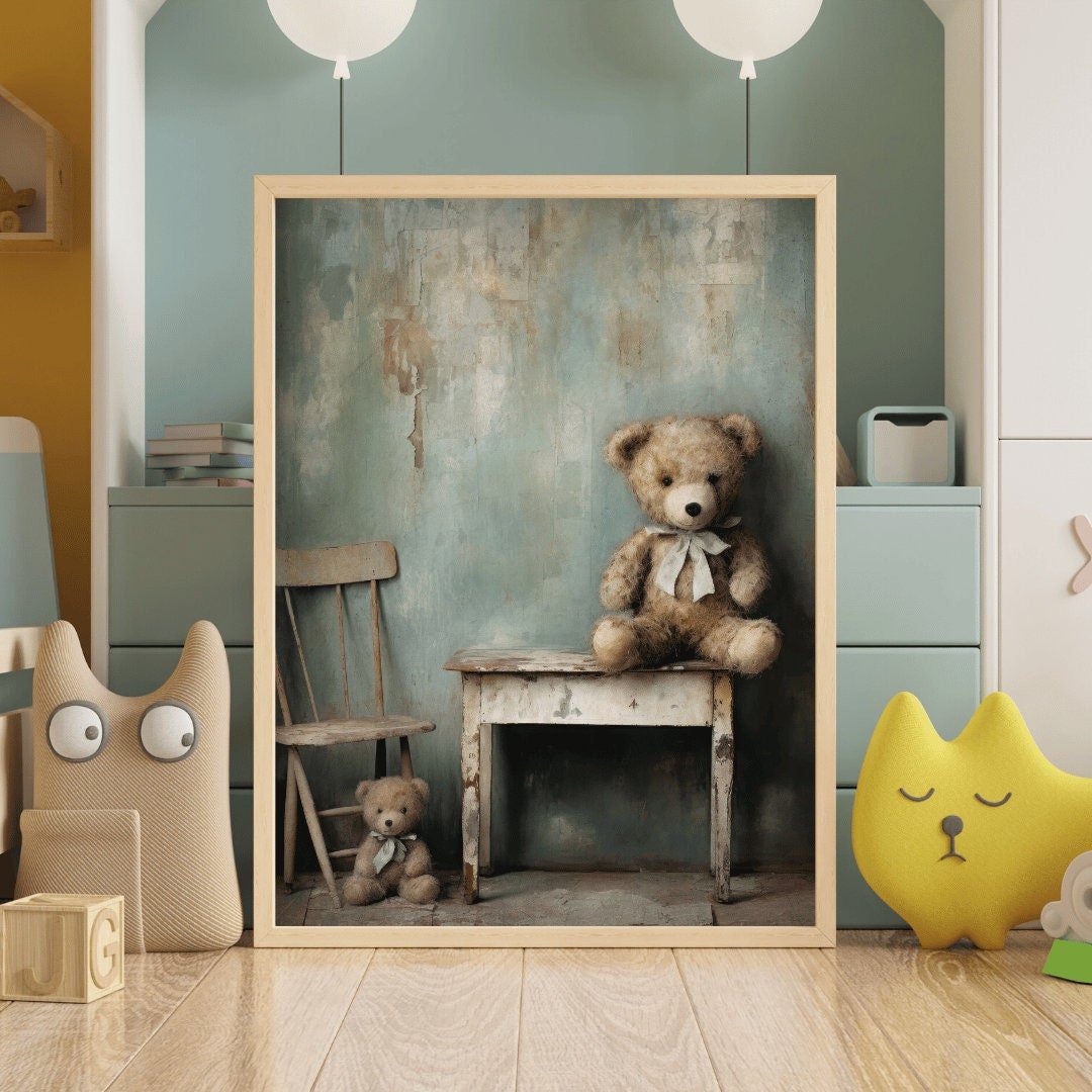 Teddy Bear Nursery Decor, Cute Vintage Baby Room Wall Art, Rustic Style - WildfieldPrints