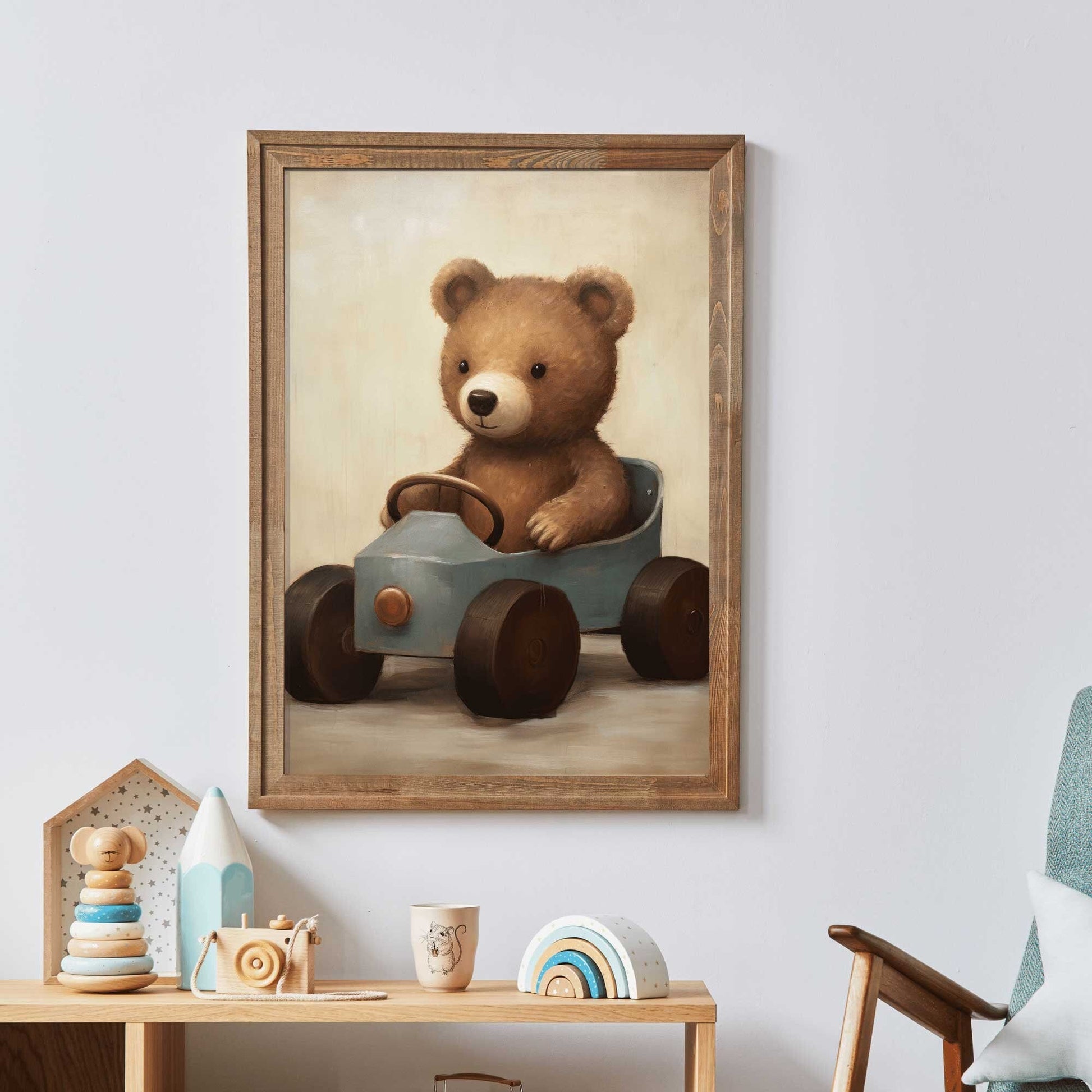 Teddy Bear Nursery Print, Animals in Cars, Vintage Forest Baby Decor - WildfieldPrints