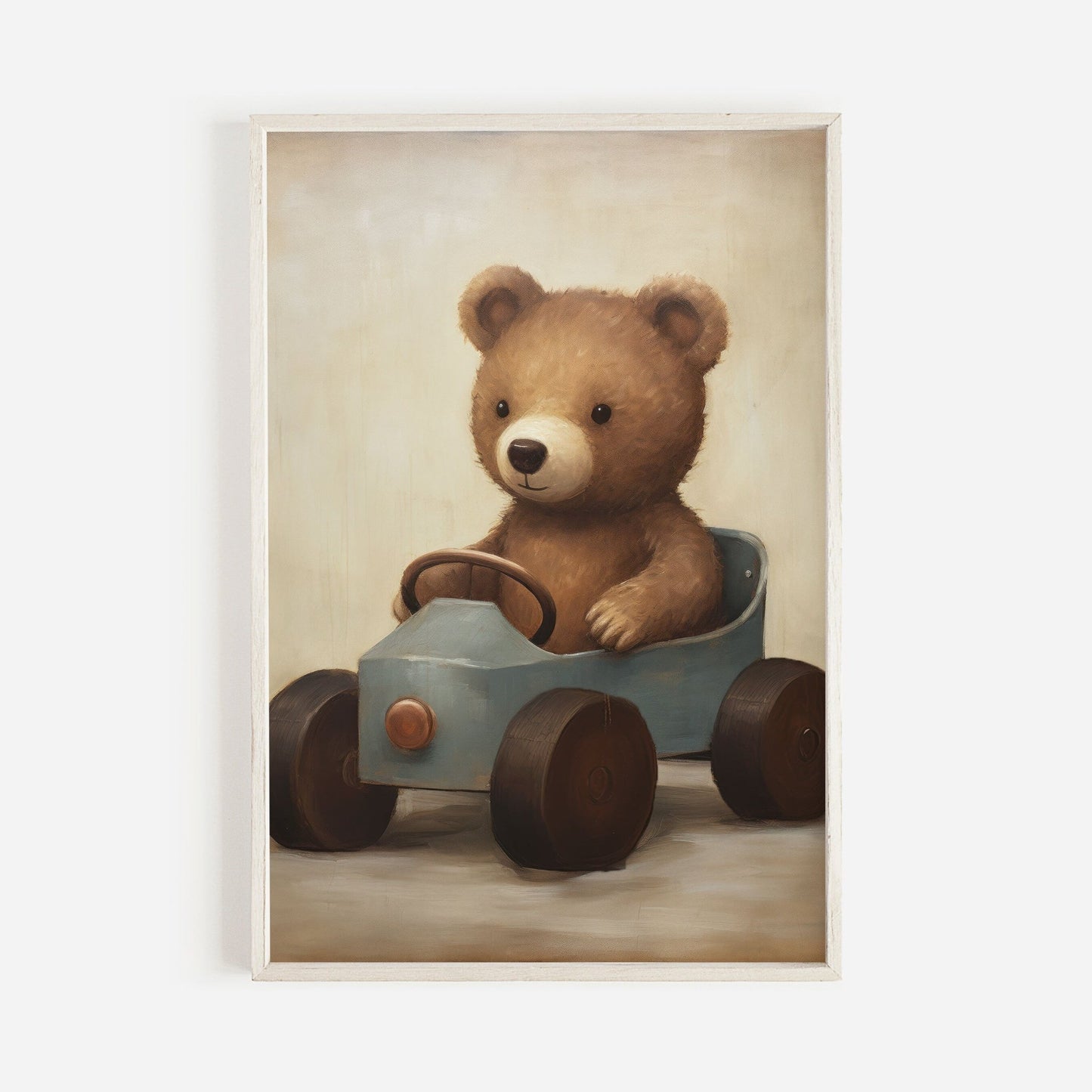 Teddy Bear Nursery Print, Animals in Cars, Vintage Forest Baby Decor - WildfieldPrints