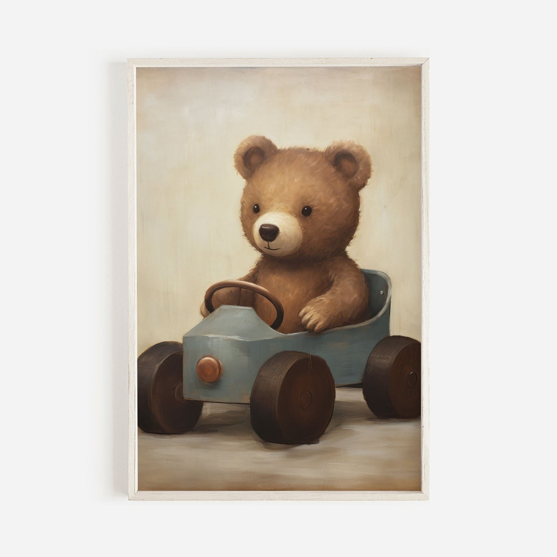 Teddy Bear Nursery Print, Animals in Cars, Vintage Forest Baby Decor - WildfieldPrints