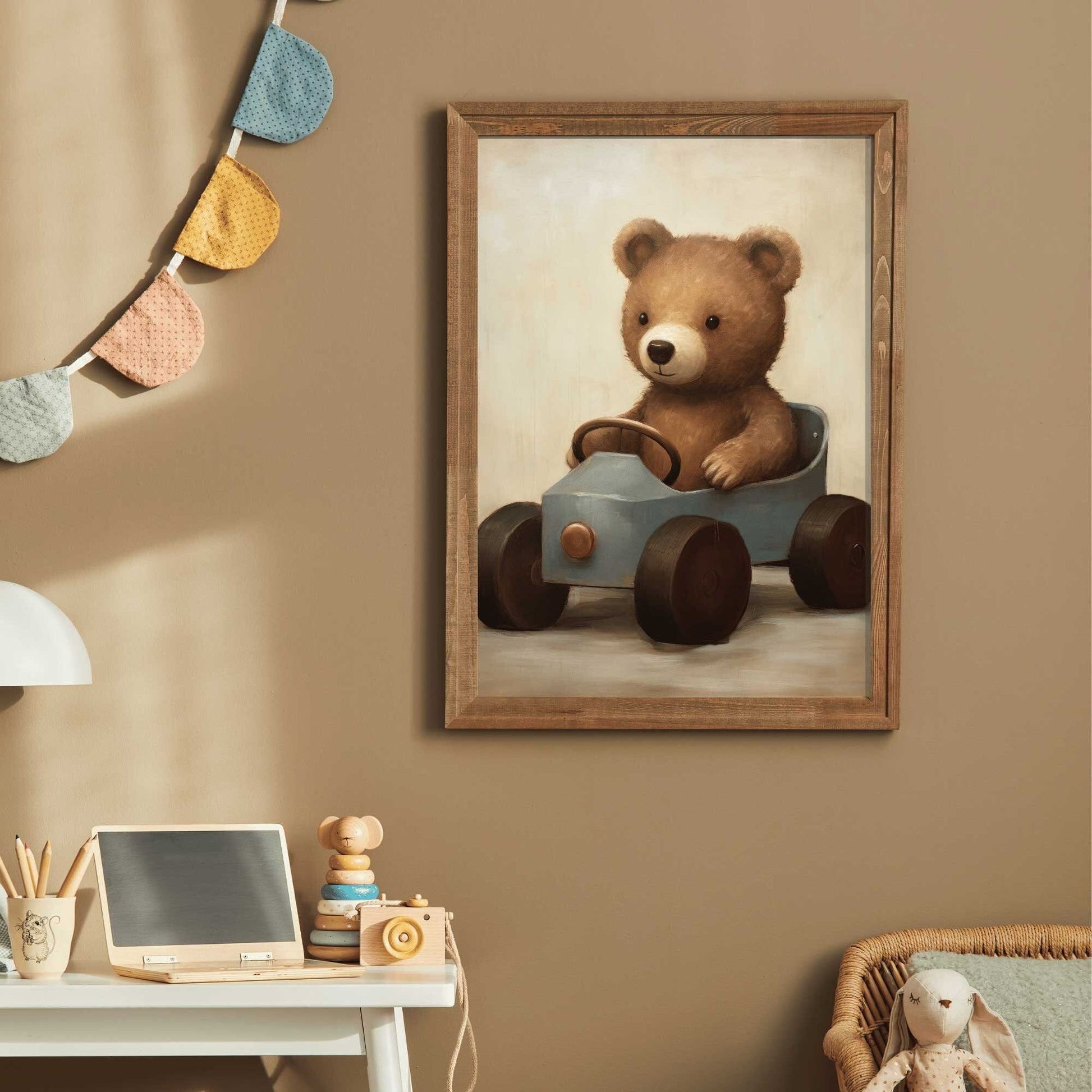 Teddy Bear Nursery Print, Animals in Cars, Vintage Forest Baby Decor - WildfieldPrints