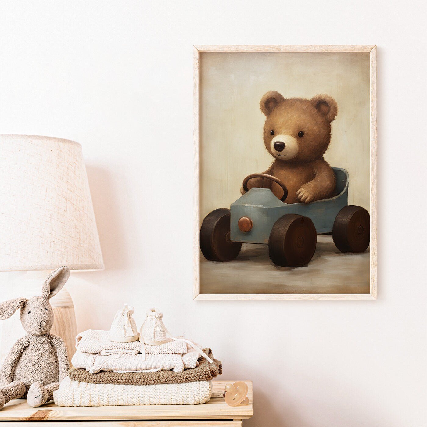 Teddy Bear Nursery Print, Animals in Cars, Vintage Forest Baby Decor - WildfieldPrints