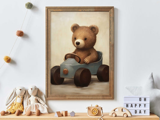 Teddy Bear Nursery Print, Animals in Cars, Vintage Forest Baby Decor - WildfieldPrints