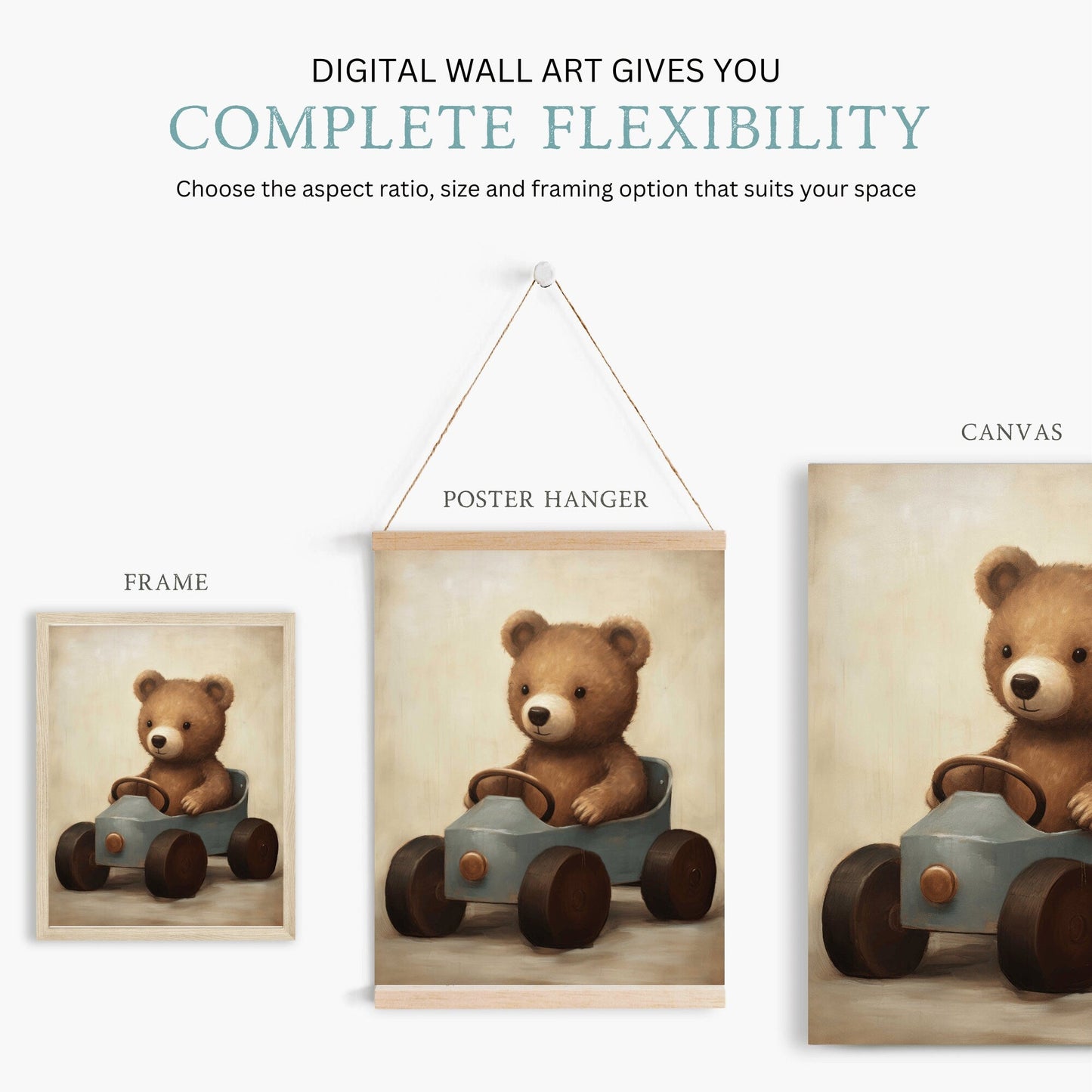 Teddy Bear Nursery Print, Animals in Cars, Vintage Forest Baby Decor - WildfieldPrints