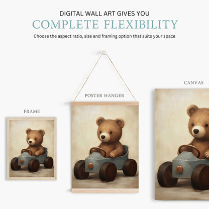 Teddy Bear Nursery Print, Animals in Cars, Vintage Forest Baby Decor - WildfieldPrints