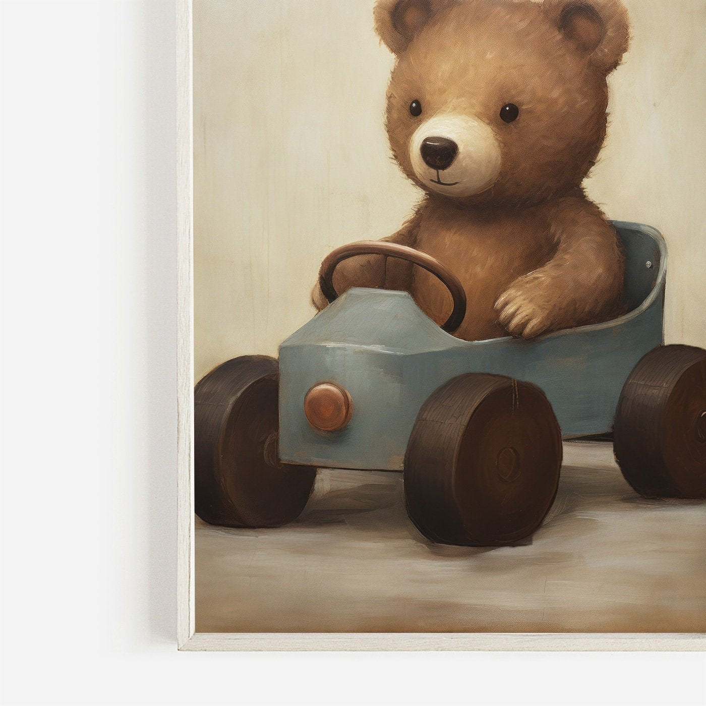 Teddy Bear Nursery Print, Animals in Cars, Vintage Forest Baby Decor - WildfieldPrints