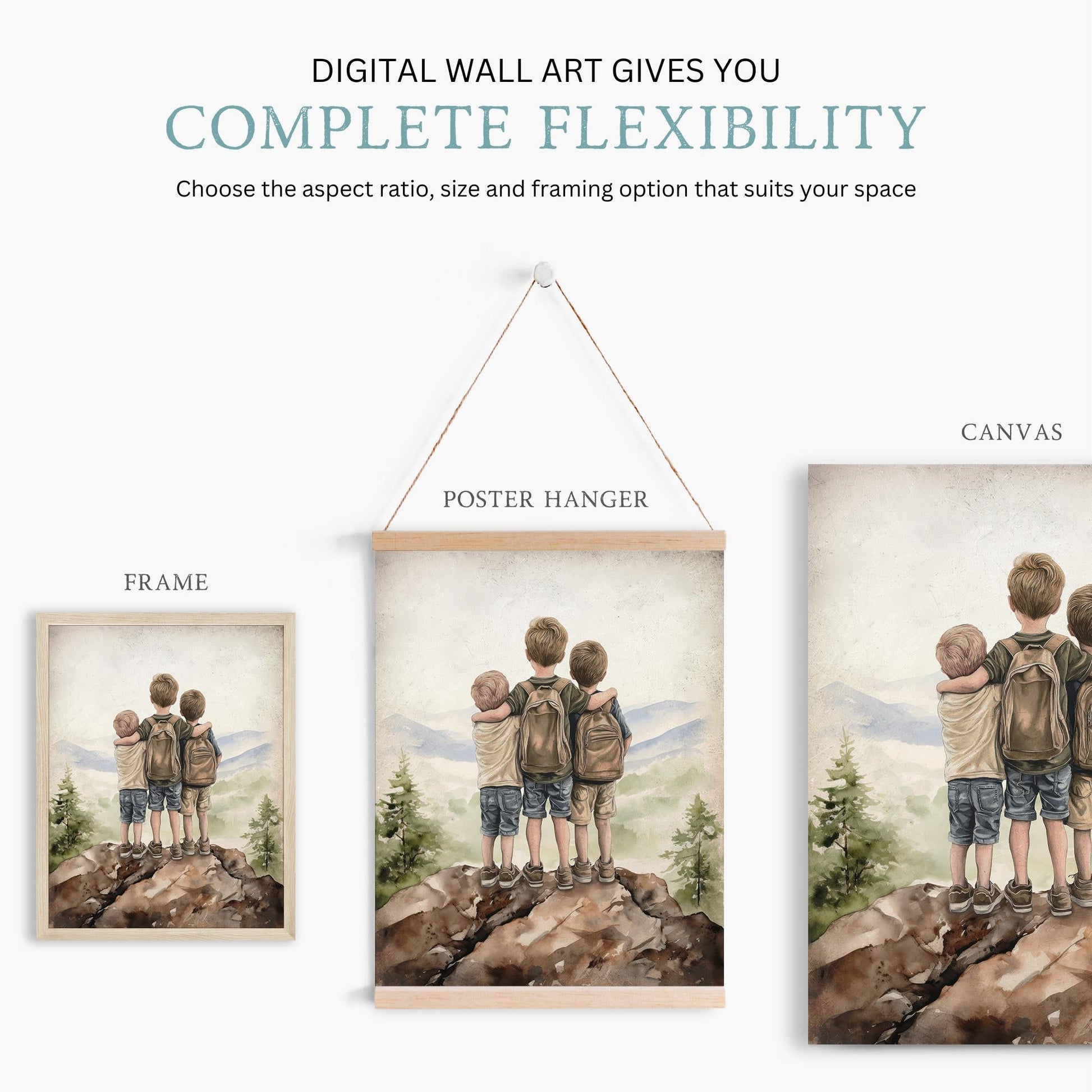 Three Brothers Print, Three Sons Art, Brother Room Wall Art, Brother Painting, Adventure Decor Kids, Mountain Boy Art,PRINTABLE Boy Wall Art - My Store