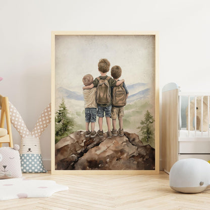 Three Brothers Print, Three Sons Art, Brother Room Wall Art, Brother Painting, Adventure Decor Kids, Mountain Boy Art,PRINTABLE Boy Wall Art - My Store