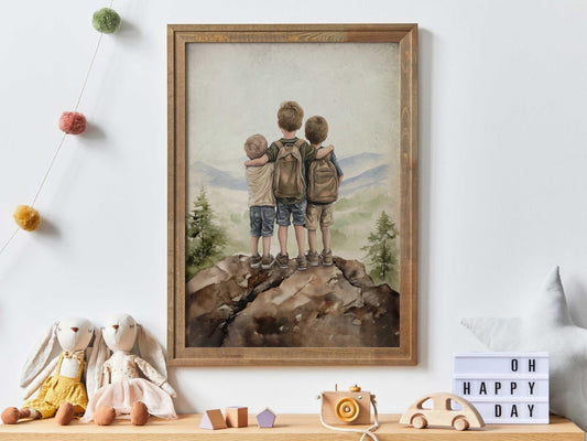 Three Brothers Print, Three Sons Art, Brother Room Wall Art, Brother Painting, Adventure Decor Kids, Mountain Boy Art,PRINTABLE Boy Wall Art - My Store