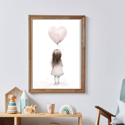 Toddler Girl Holding Heart Balloon, Vintage Watercolor Nursery Decor - WildfieldPrints