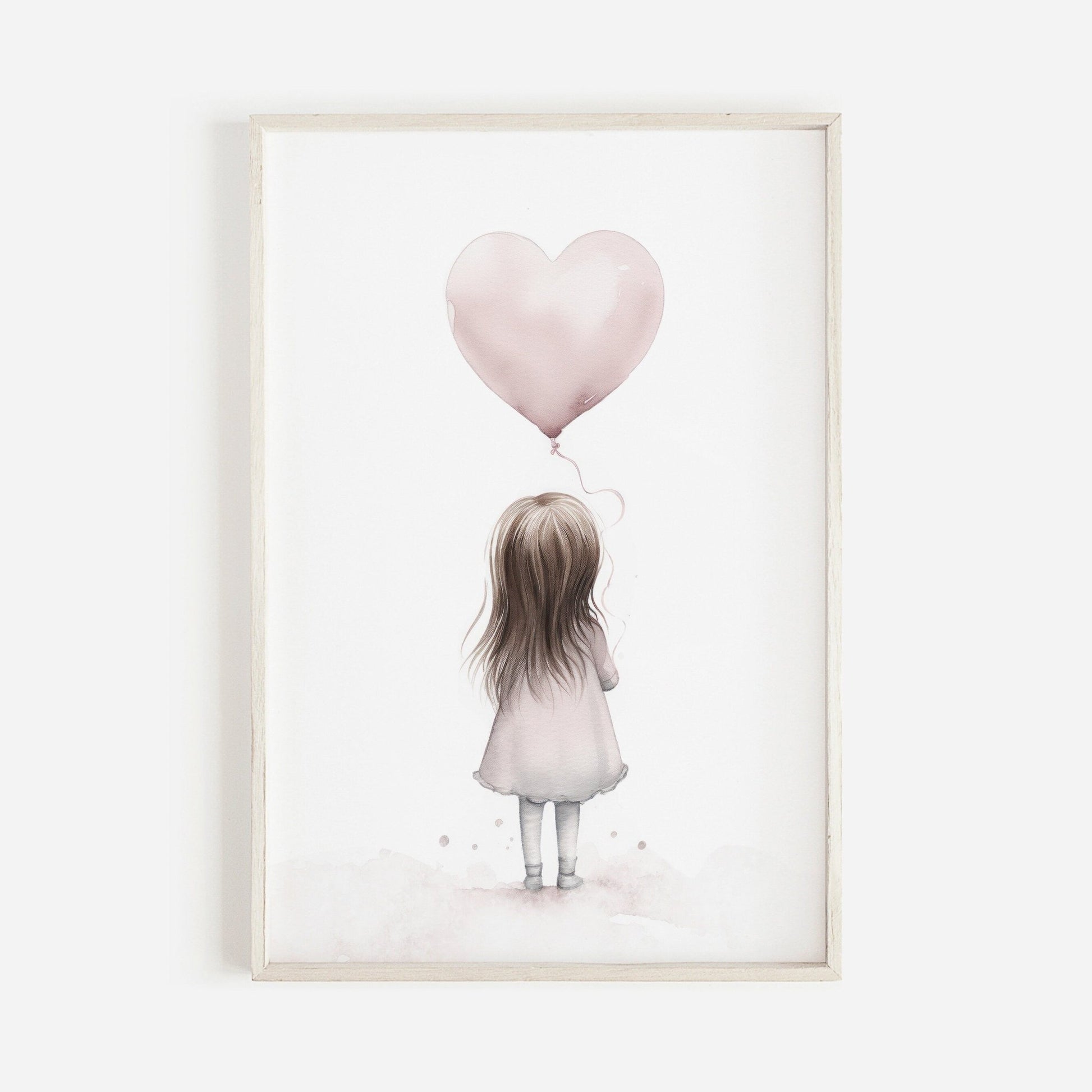 Toddler Girl Holding Heart Balloon, Vintage Watercolor Nursery Decor - WildfieldPrints