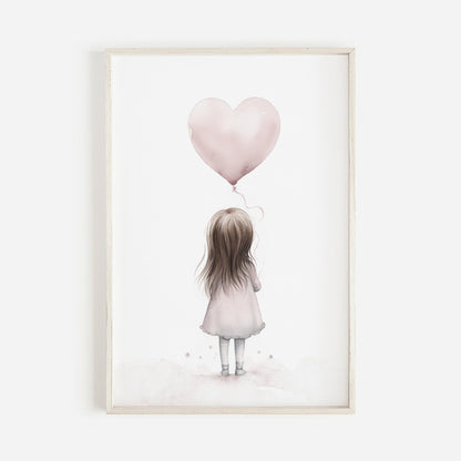 Toddler Girl Holding Heart Balloon, Vintage Watercolor Nursery Decor - WildfieldPrints