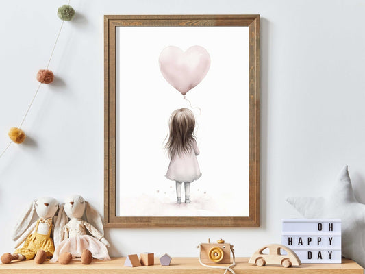 Toddler Girl Holding Heart Balloon, Vintage Watercolor Nursery Decor - WildfieldPrints