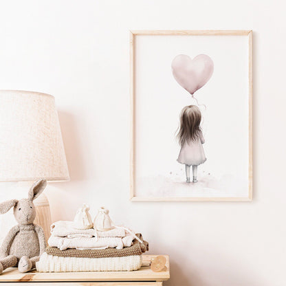 Toddler Girl Holding Heart Balloon, Vintage Watercolor Nursery Decor - WildfieldPrints