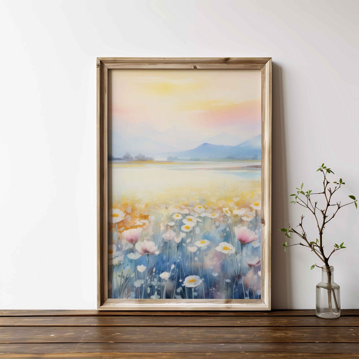 Tranquil Daisy Field Print, Watercolor Vintage Landscape, Muted Colors - WildfieldPrints