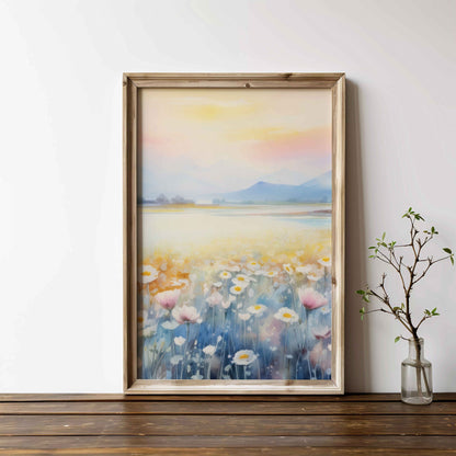 Tranquil Daisy Field Print, Watercolor Vintage Landscape, Muted Colors - WildfieldPrints