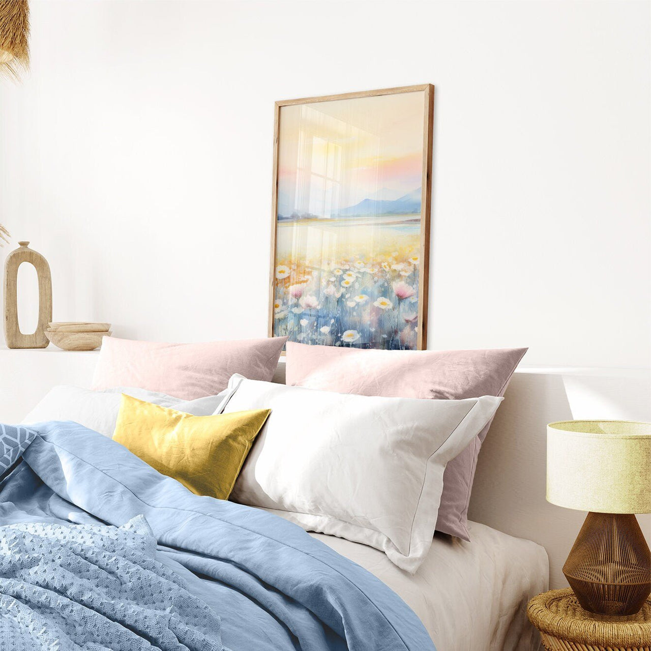White Daisy Field Wall Art – Floral Living Room Print
